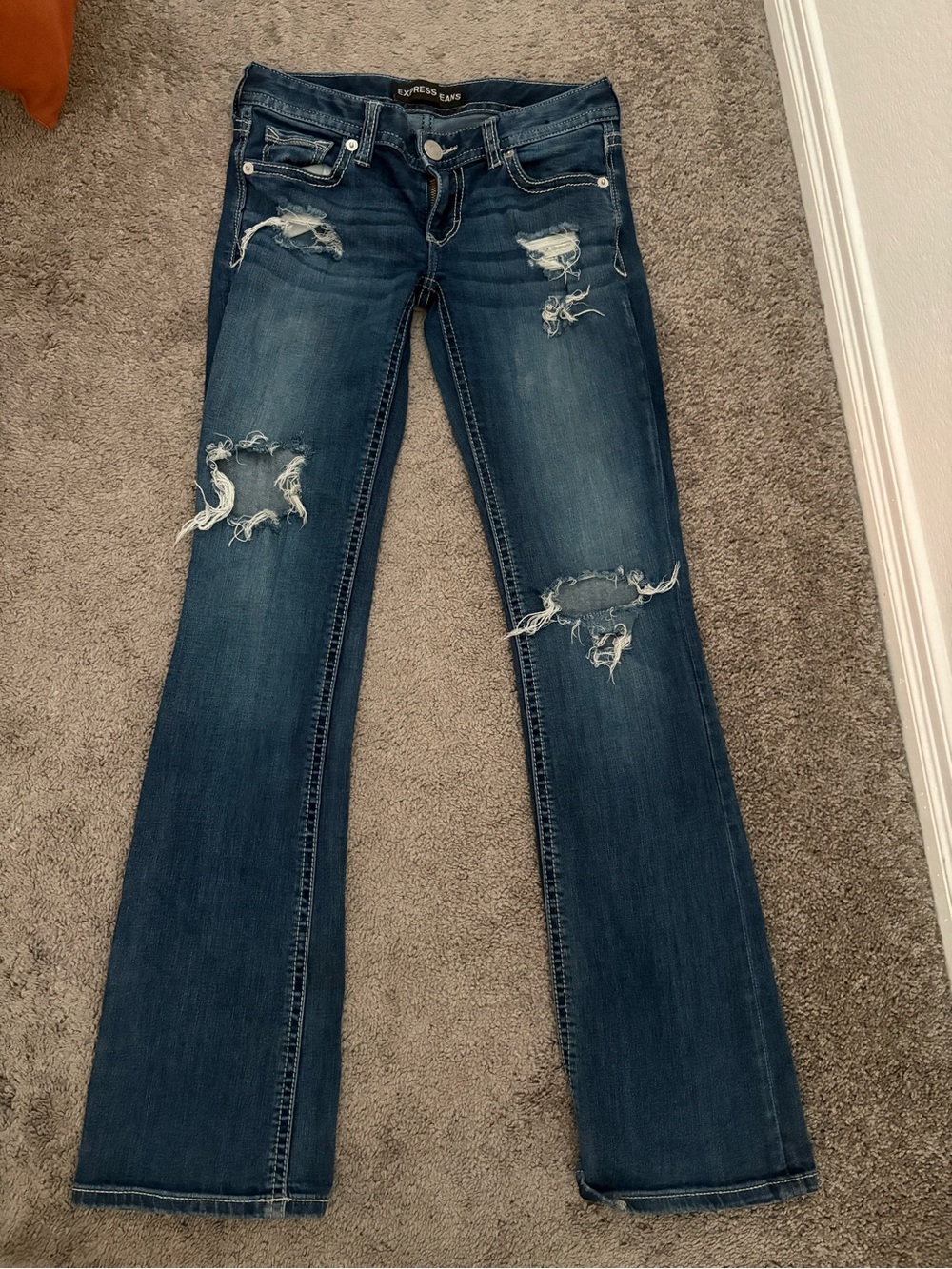 Express Women’s Dark Blue Distressed Bootcut Jeans